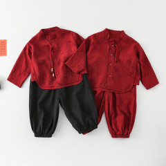 春秋夏季薄款男童中式套装衣服男宝宝红色喜庆抓周服中国风两件套