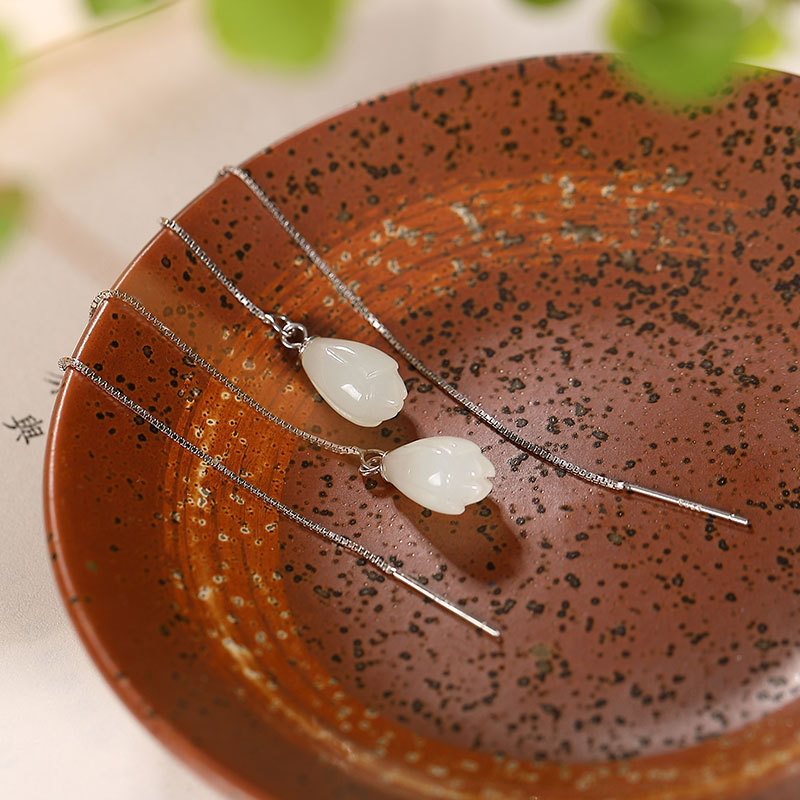 Bông tai dài hoa mộc lan bạc S925 đính ngọc bích Hetian tự nhiên — Một cặp