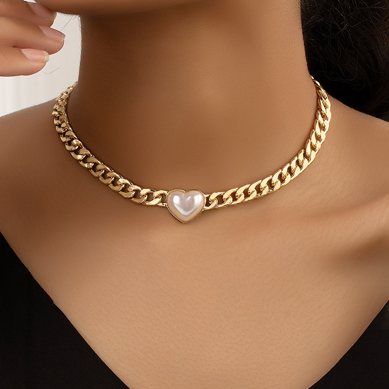 Collar elegante con colgante de corazón y perlas estilo coreano mujer_voghion.com