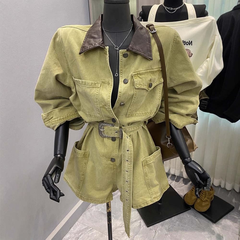 Autumn New Korean Fashion Leather Collar Single-Breasted Long-Sleeved Denim Jumpsuit High-Waisted Shorts Jumpsuit for Women Plus Size