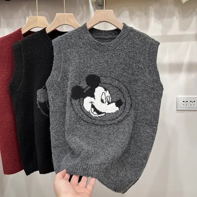 Lazy Style Soft Waxy Cartoon Mickey Crewneck Knitted Vest Women's Autumn and Winter Loose Sleeveless Waistcoat Sweater Vest
