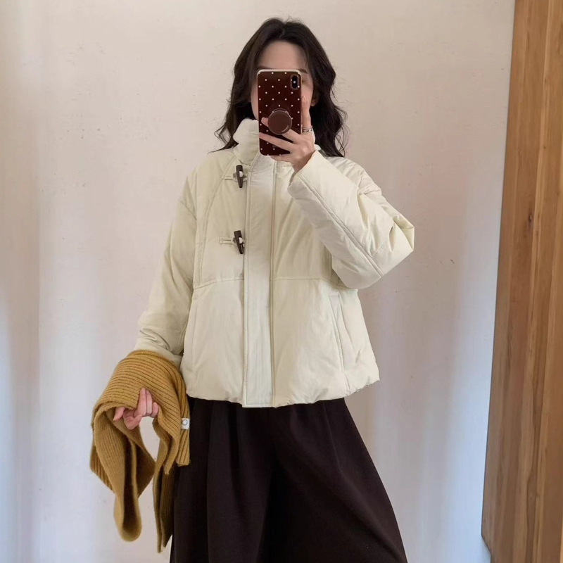 2025 Winter Korean Version Versatile Casual Simple Solid Color New Style Horn Button Stand Collar Puffer down Jacket for Women