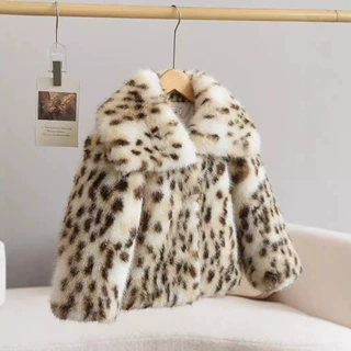 设计款小貂猫豹纹环保皮草翻领儿童外套环保仿狐狸毛女童宝宝加厚