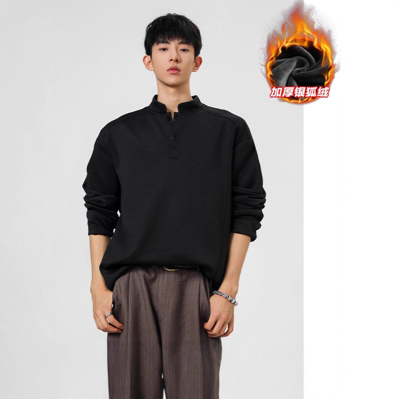 American-Style Heavyweight Henley Collar Long-Sleeve T-Shirt for Men, Autumn and Winter Deconstructed Patchwork Fleece-Lined Thickened Sweatshirt Base Shirt Trendy