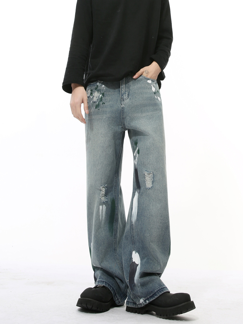 MTLCLOTHES Hombres| Nuevos productos de invierno coreanos pesados pintados a mano graffiti estilo de diseño de jeans rectos sueltos