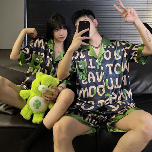 Factory Wholesale 2024 New Summer Couple Pajamas Women Summer Ice Silk Short Sleeve Shorts High-end Men's Foreign Trade
