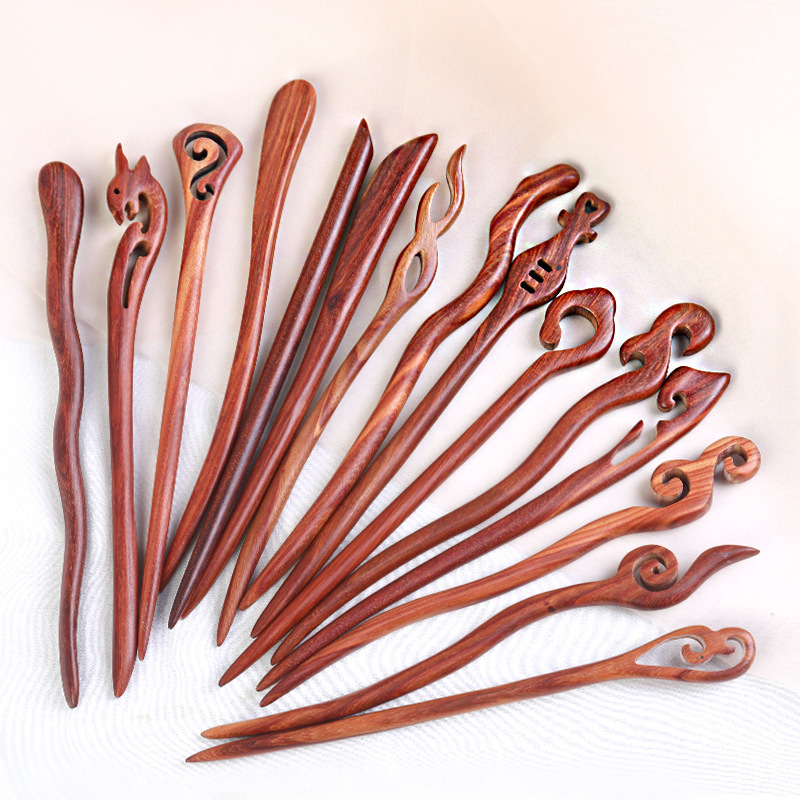 Red sandalwood hairpin antique sandalwood hairpin new Chinese high-end hair pin Han clothes hair accessories cheongsam headdress wholesale