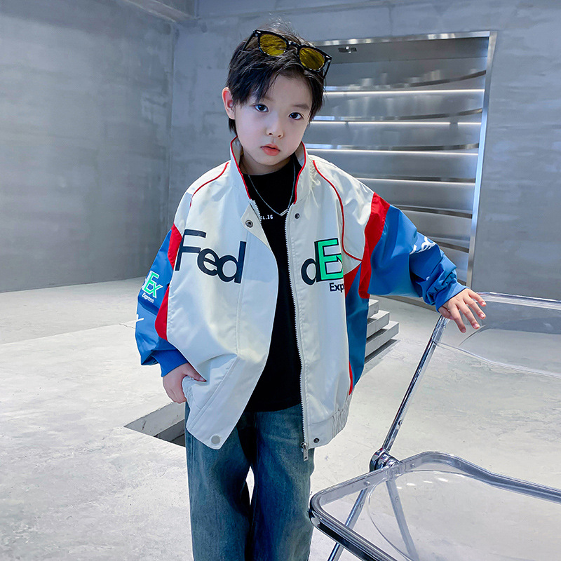 (2개) 소년의 가을 2024 새로운 컬러 블록 오토바이 재킷 스포츠 재킷 큰 어린이 소박한 의류 브랜드 트렌디