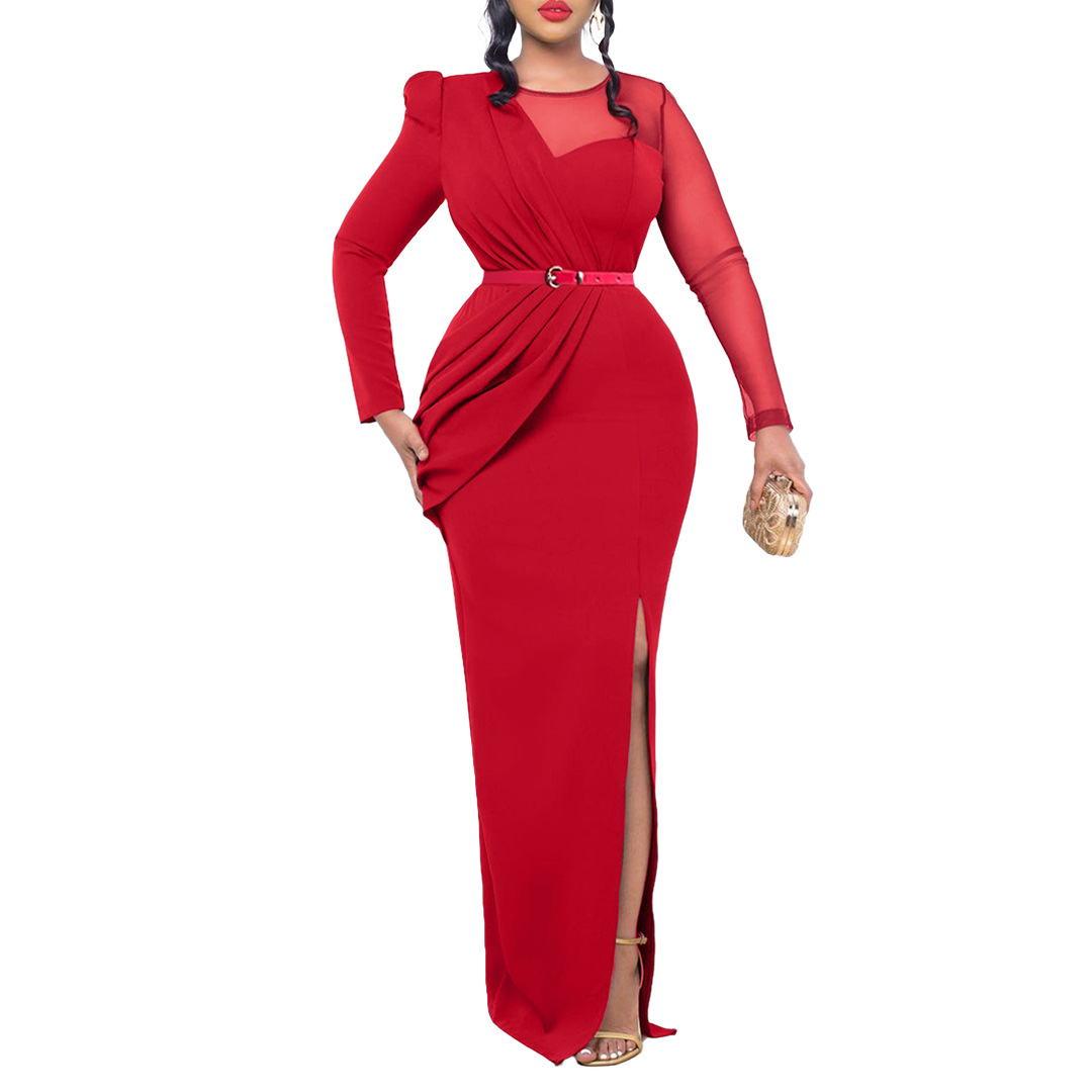 Damen Abendkleid Mit Langarm Und Mesh-einsatz Elegantes Festkleid_voghion.com