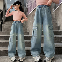 女の子の工装ジーパン春秋の新型の中で大きい子供の直筒のゆったりしている広足のズボンの子供のアメリカの春秋のズボン
