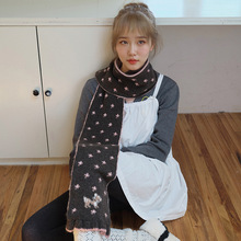 卡通小鹿提花针织围巾女设计师款混纺花边外搭围脖冬季保暖围巾
