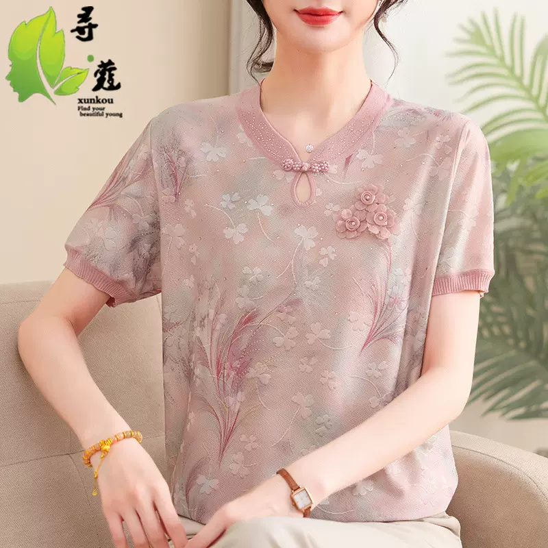 2026年女装40岁短袖妈妈装夏季针织衫薄款透气女士休闲上衣中年夏