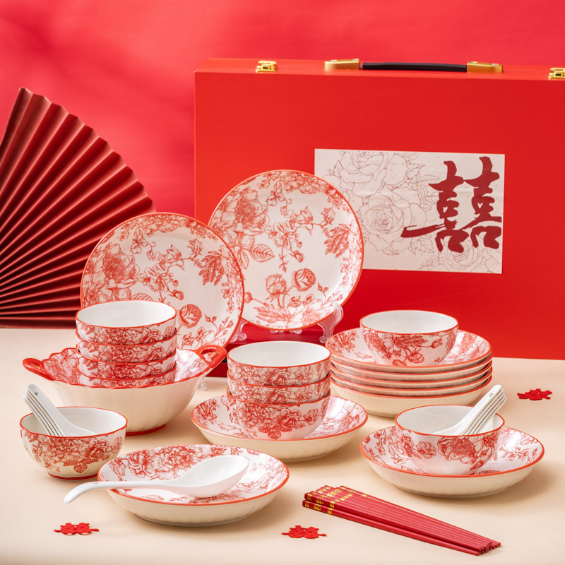 New Year's Gift Red Rose Chinese Ceramic Tableware Set Bowls and Plates Home Housewarming Gift Bowls and Plates Event Souvenirs New Year's Gift Red Rose Chinese Ceramic Tableware Set Bowls and Plates Home Housewarming Gift Bowls and Plates Event Souvenirs