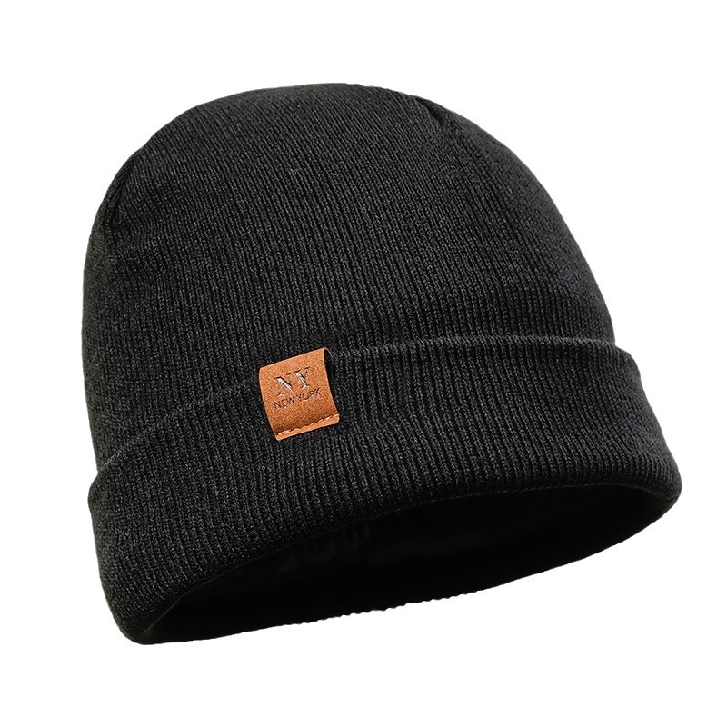 Unisex Letter leather label Autumn-winter warm woolen hat Men's fashion ear protection thick cold hat women's knitted hat_voghion.com