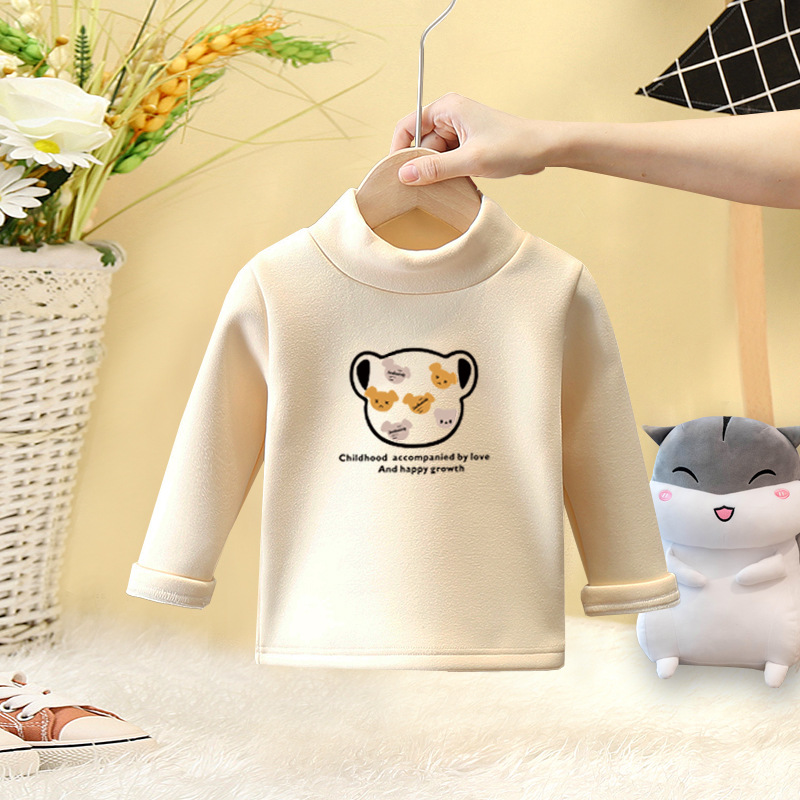 2023 otoño e invierno nuevos niños de terciopelo camisa de fondo estilo occidental medio cuello alto manga larga bebé niña dibujos animados camiseta interior moda