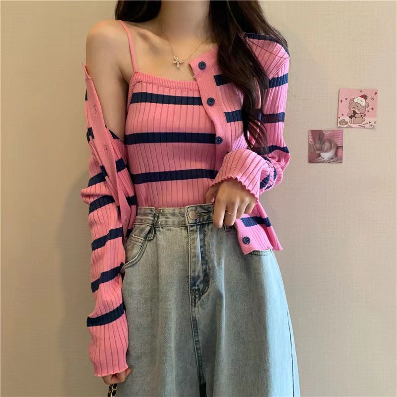 81g Weight Long Sleeve Sleeve Length Single Breasted Placket Type Ice Silk, Polyester Fabric Type Short Top Length Knitwear Tops Type Daily Occasion Round Neck Neckline Slim Fit Type Stripe Pattern Spring, Autumn Season Women's Gender Casual Style Wholesale Women's Ice Silk Polyester Casual Stripe Long Sleeve Sweaters & Cardigans 22