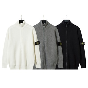 Stone Functional Zipper Open-Front Stand Collar Knit Sweater for Autumn and Winter, Unisex, Versatile, Casual, Solid Color Sweater with Ius Badge