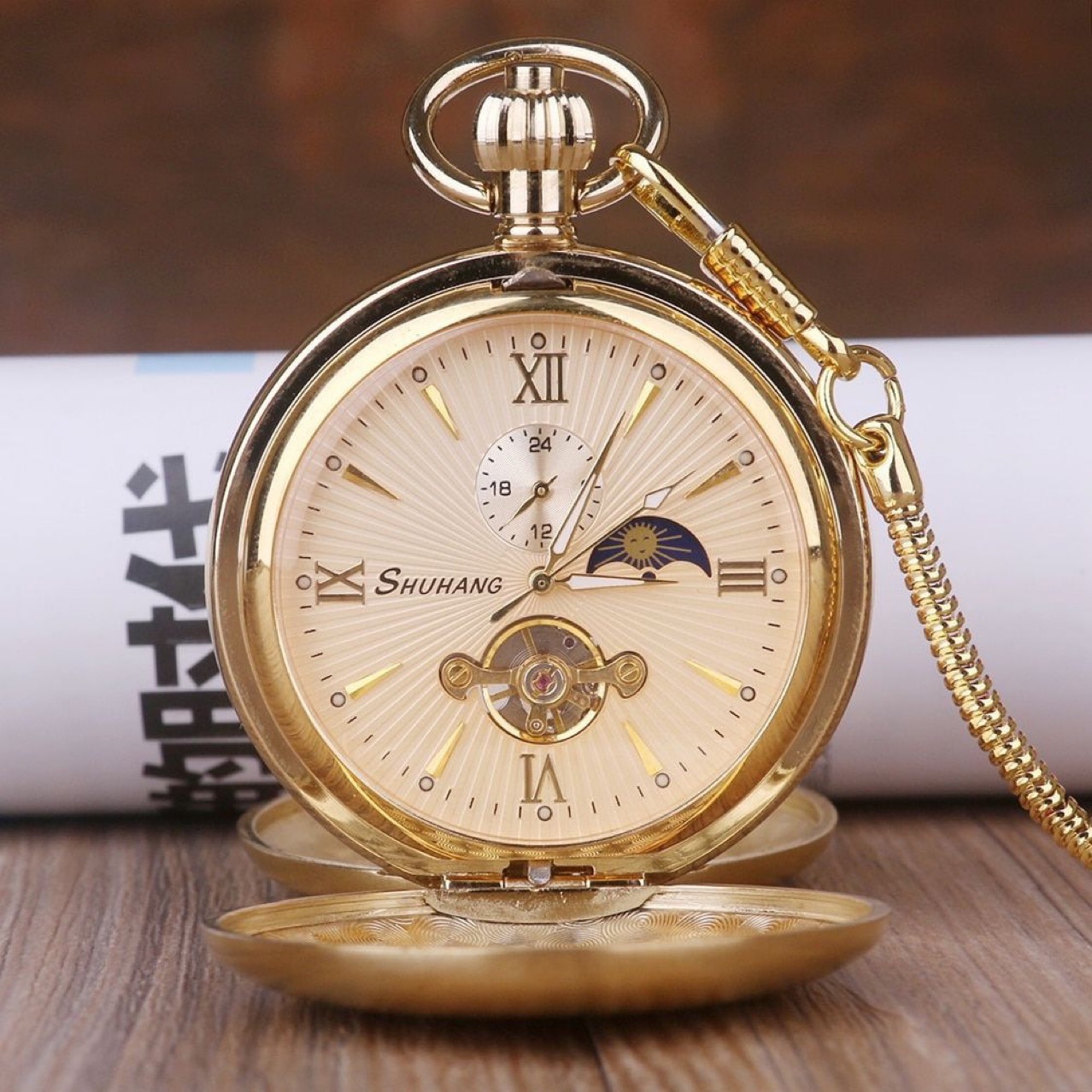 Photo-Engraved Metal Copper Double-Open Flip Cover Sun, Moon and Stars Automatic Mechanical Pocket Watch Old Shanghai Hanging Watch