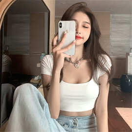 跨境批发方领短袖T恤女2022夏季新款韩版修身性感露脐女上衣女装