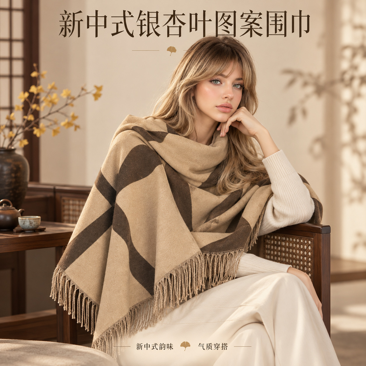 Cross-border autumn and winter geometric pattern faux cashmere shawl, thickened and warm, with tassels, suitable as a cape, scarf, or versatile camping blanket