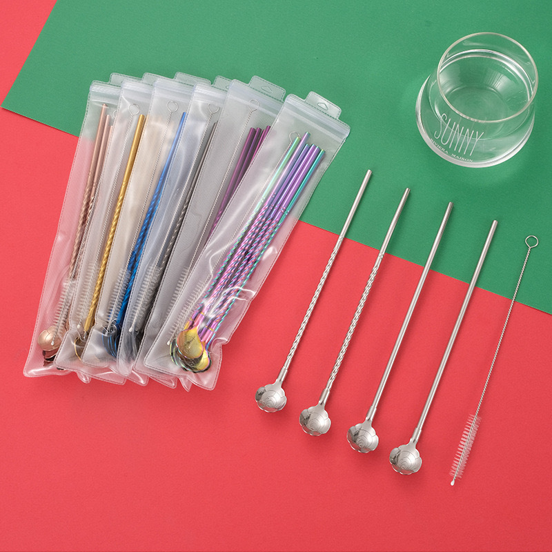 Cross-border 304 stainless steel straw spoon, two-in-one rose cherry multi-purpose spoon, beverage milk tea stirrer with long handle