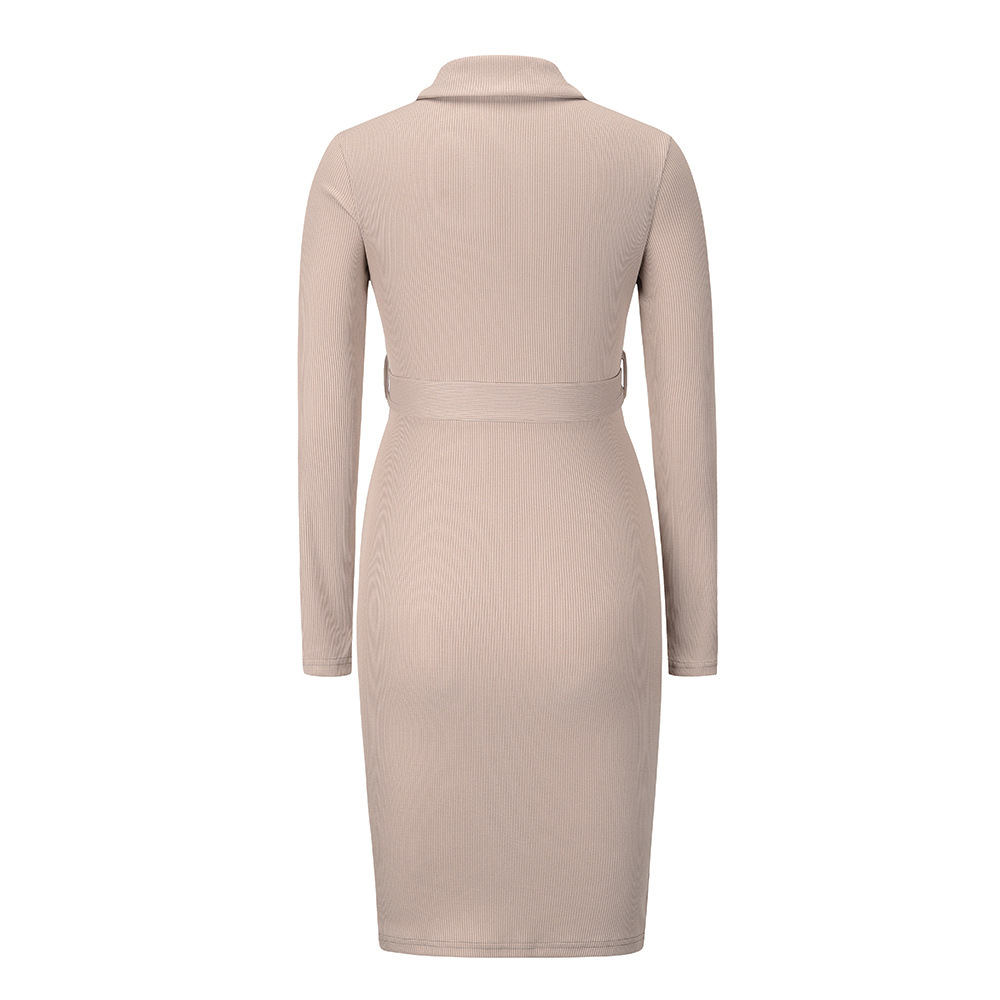 Slim Long Sleeve Lapel Collar Belt Midi Dress