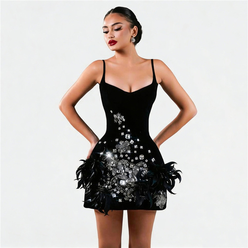 2026 New Women's Sexy Strapless Rhinestone Feather Bandage Dress Prom Party Mini Dress 2026 New Women's Sexy Strapless Rhinestone Feather Bandage Dress Prom Party Mini Dress