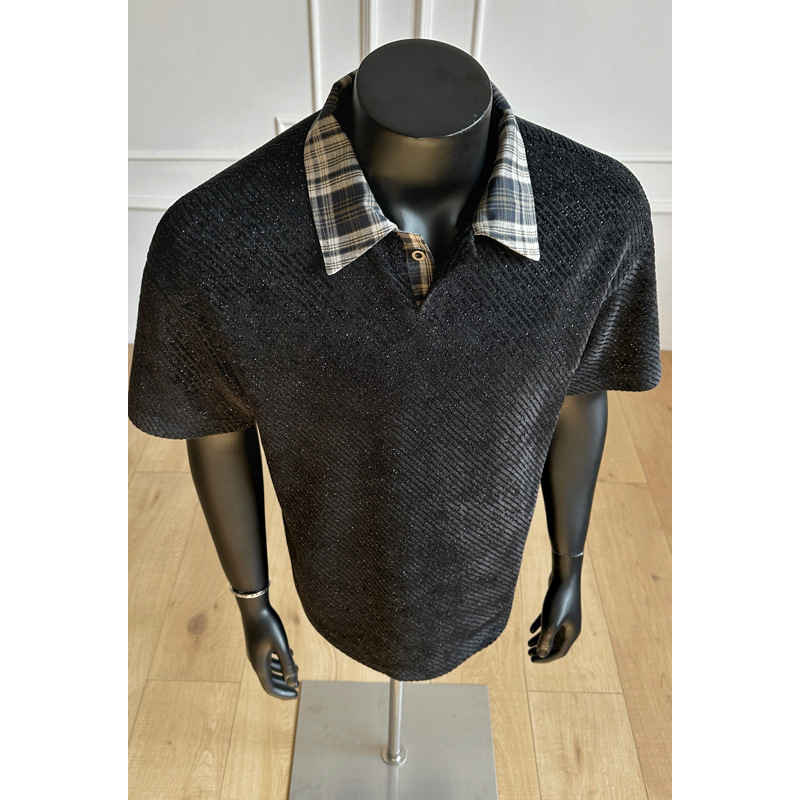 American-style Two-piece Plaid Patchwork Short-sleeve Men's Polo Shirt With Clean Fit And Half-length Sleeves_voghion.com