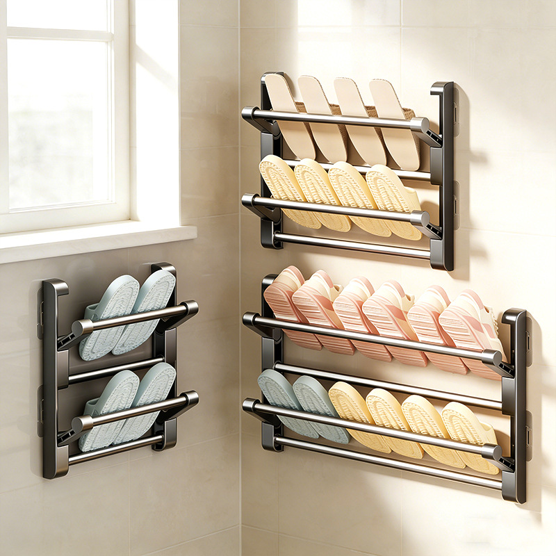 No-Drill Slipper Rack Wall-Mounted Behind-Door Multifunctional Bathroom Foldable Shoe Rack Toilet Bathroom Shoe Storage