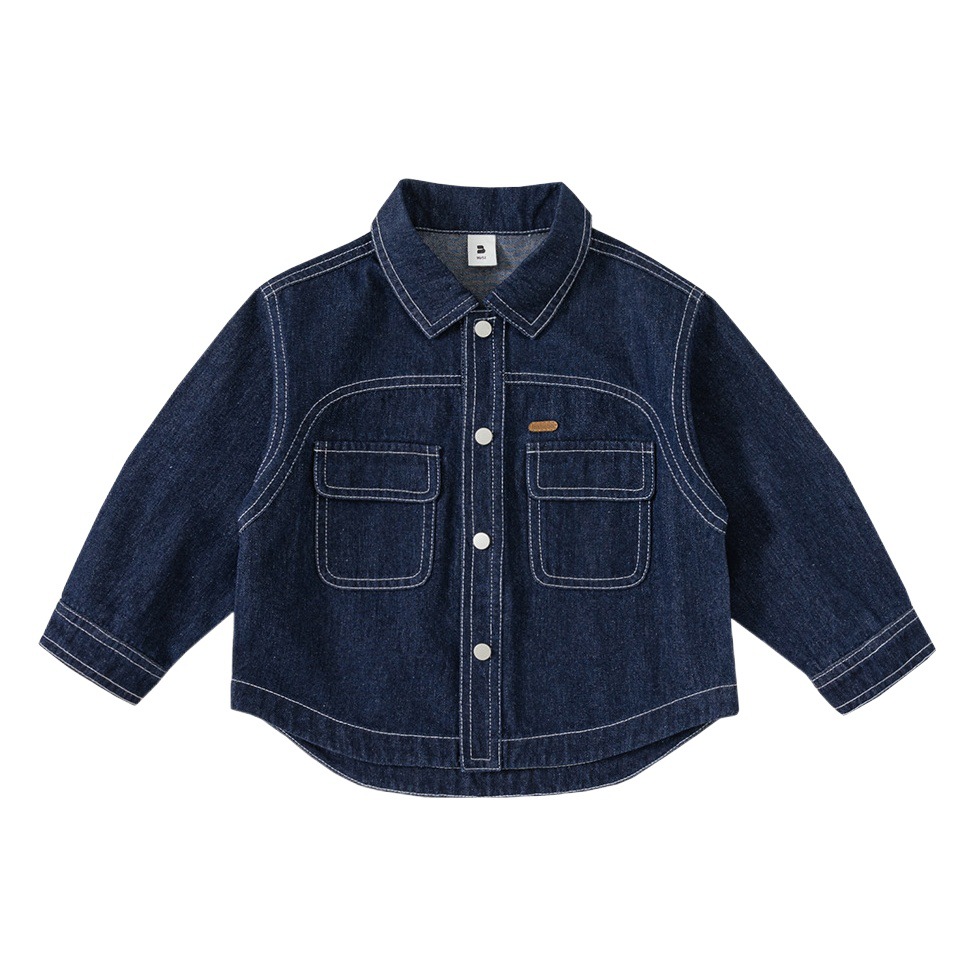 Ropa infantil Bangxuan, chaqueta para niños, camisa con costuras decorativas y cuello vuelto, ropa de mezclilla de manga larga para primavera y otoño, top para niñas