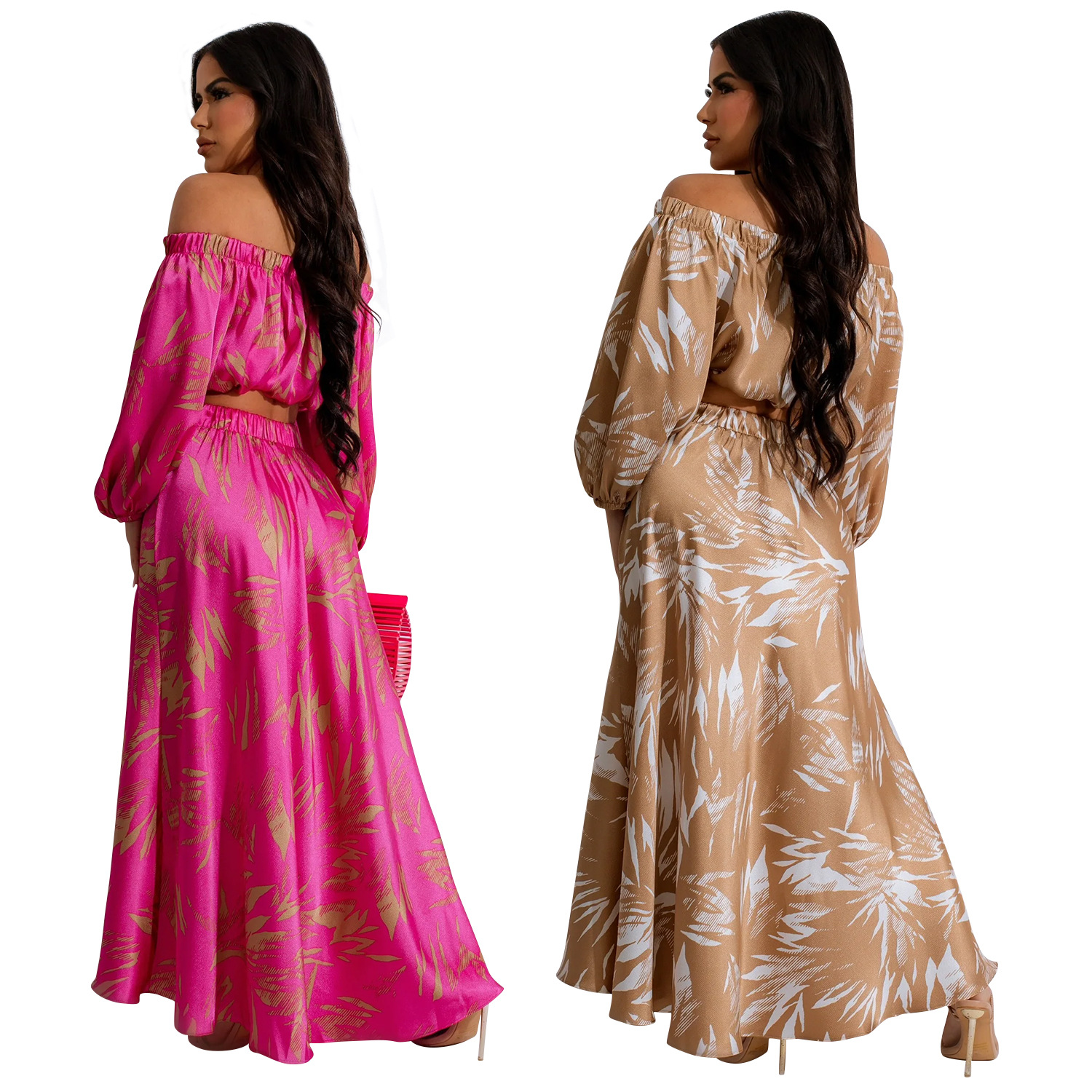 C6881 Aliexpress transfronterizo Amazon Europa y América de moda impresión de ropa de mujer sexy mangas largas umbilical vestido larga dos piezas image 2