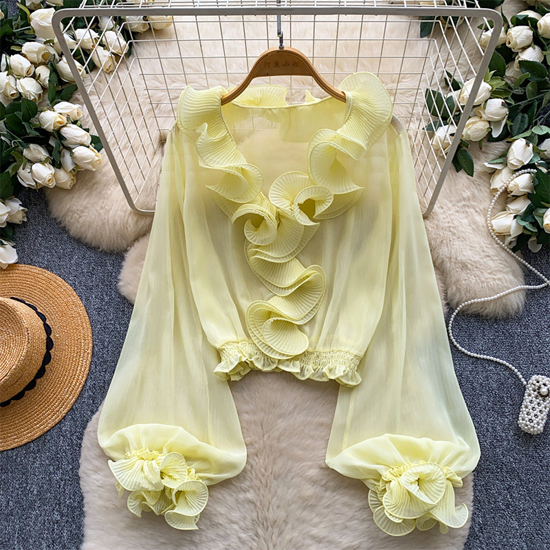 French-style gentle ruffled long-sleeve chiffon blouse for women, summer Korean version, skin-friendly, breathable, stylish, and youthful French-style gentle ruffled long-sleeve chiffon blouse for women, summer Korean version, skin-friendly, breathable, stylish, and youthful