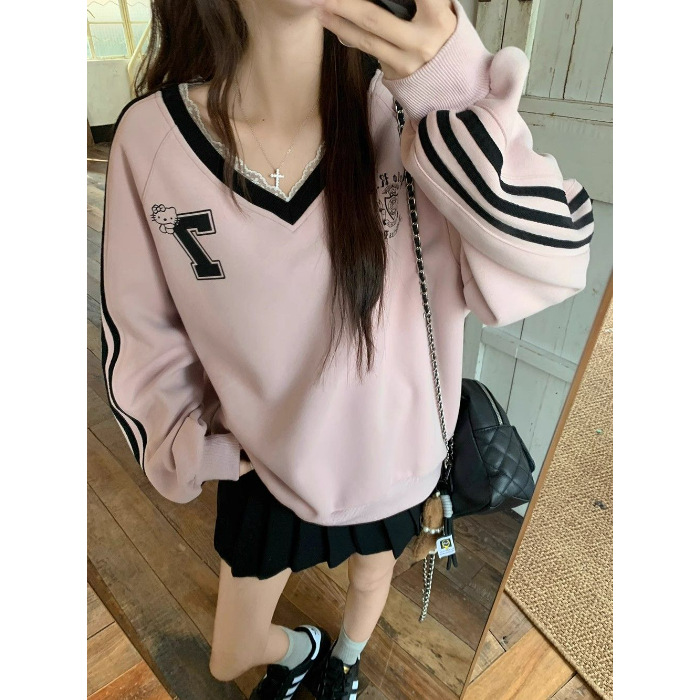 【320グラムの薄いタイプ】アルファベットのプリントレースはvネックの長袖のカーディガンの女性のゆったりとしたカジュアルな上着をつなぎ合わせます。