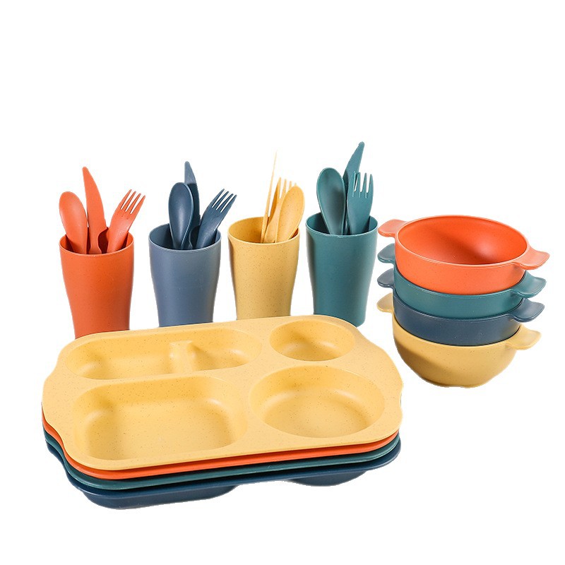 Plato de comedor para niños 24 piezas set de paja de trigo jardín de infantes anti-caída taza de plato de comedor cuchillo y tenedor cuchara set