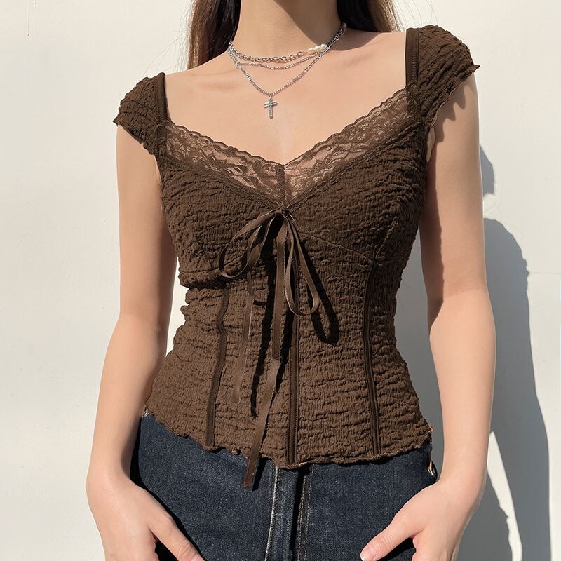 Clothing for Women: Summer Vintage Brown Textured Lace Patchwork Bow Short-Sleeve T-Shirt for Women, Versatile and Stylish