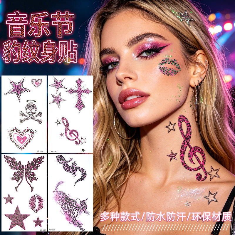 Cross-Border European and American Leopard Print Glitter Tattoo Stickers Waterproof Long-Lasting Realistic Sexy Sweet Cool Temporary Makeup Tattoo Stickers Customization Cross-Border European and American Leopard Print Glitter Tattoo Stickers Waterproof Long-Lasting Realistic Sexy Sweet Cool Temporary Makeup Tattoo Stickers Customization
