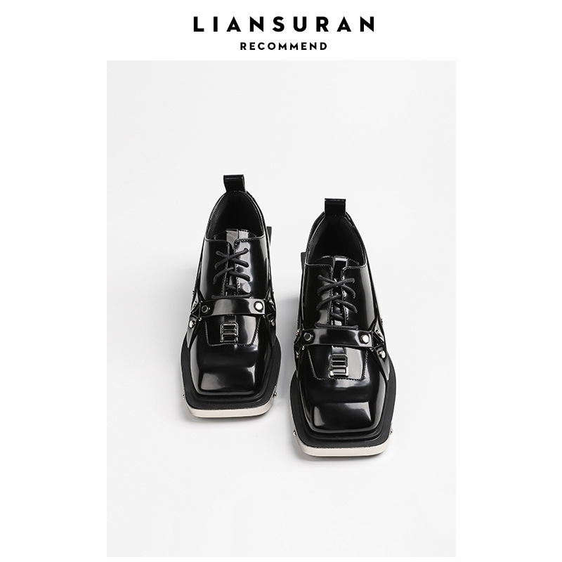 Dark Belt Decorative Lace-up Square Toe Derby Shoes Thick Heel 2022 Autumn and Winter New British Style Platform Small Leather Shoes
