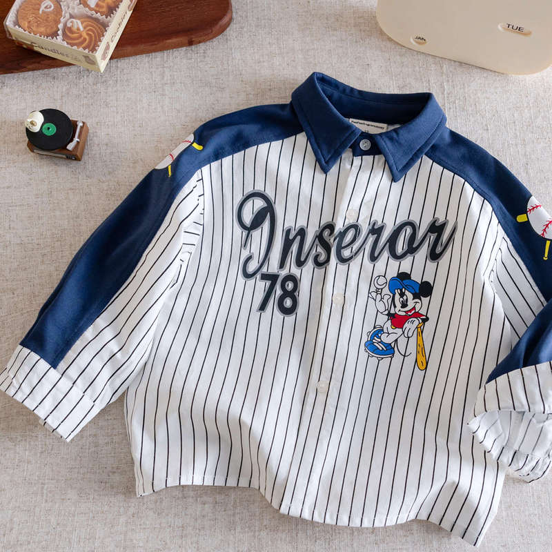 Children's Striped Shirt 2026 Spring and Autumn New Style Boys' Polo Collar Top Baby Cartoon Casual Long-Sleeve Shirt Trendy