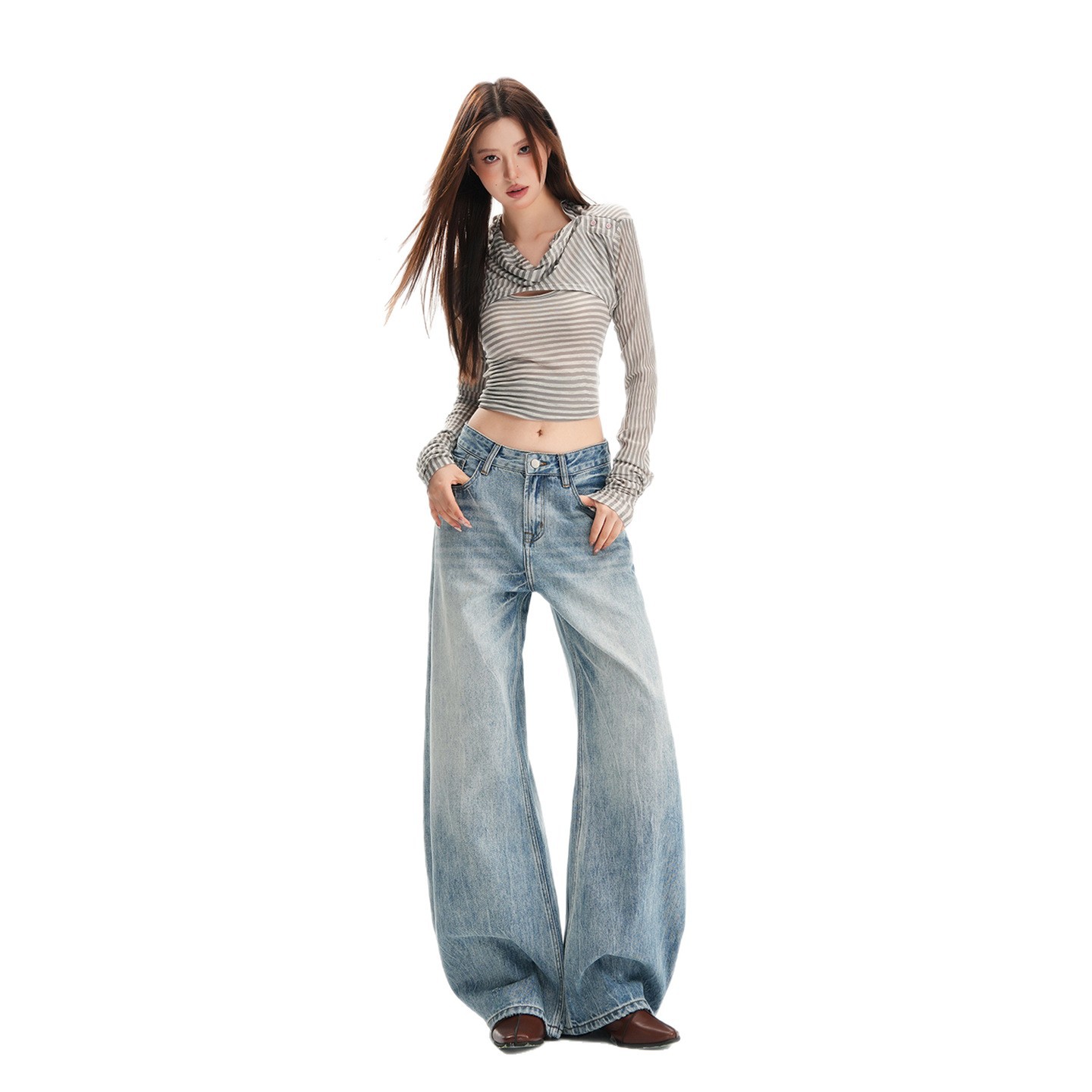 Women’s High-Waisted Straight-Leg Jeans – Vintage Washed Blue Wide-Leg Denim Pants With Flowy Silhouette_voghion.com