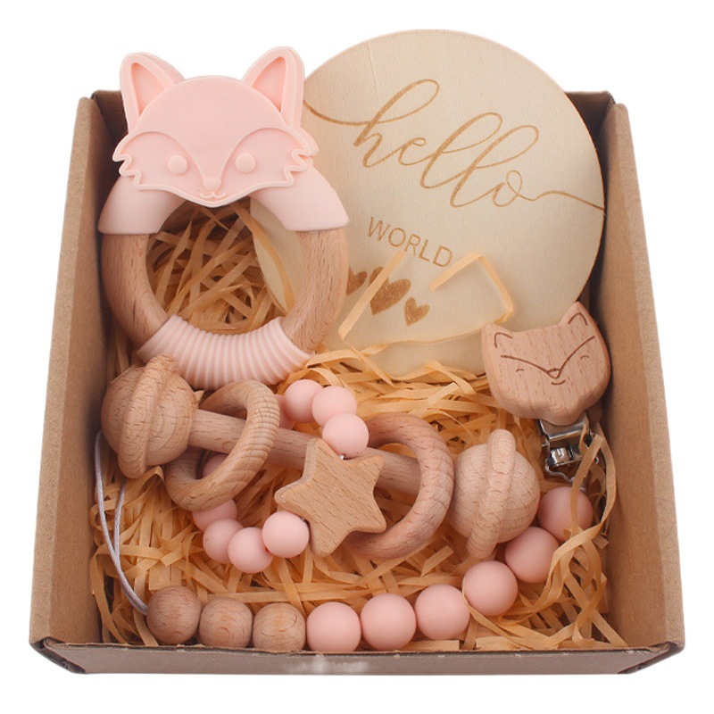 Nuevo bebé de dibujos animados de silicona Fox mordedor bebé creativo Beech sonajero teether cadena de pezón conjunto de cuatro piezas