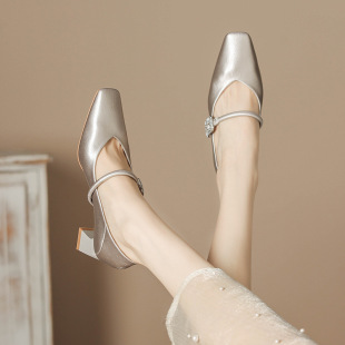 H759-6 Silver Mary Jane High Heels Small Flavor Satin One-Striped Square Toe Thick Heel Women's Shoes Rhinestone Spring and Summer