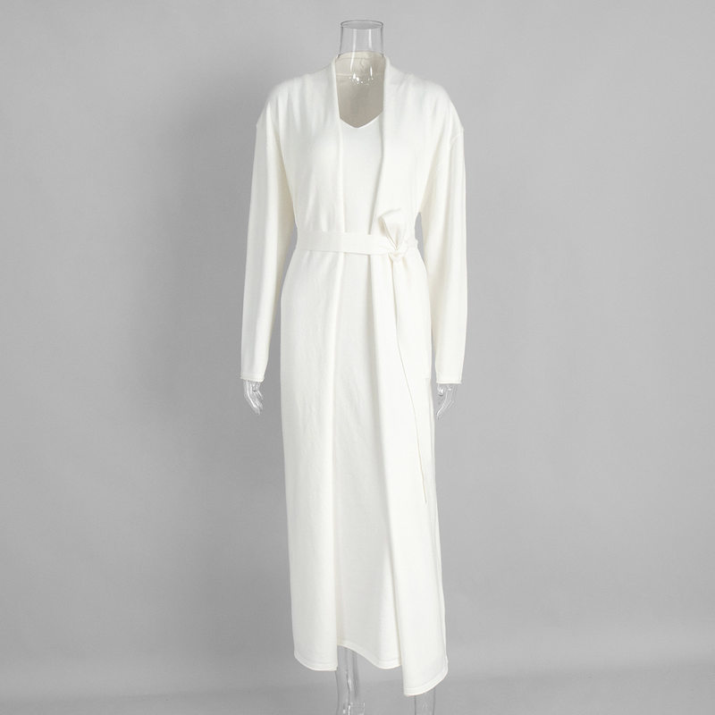 Bộ đầm dài kèm áo cardigan dệt kim dài tay nữ — Màu cà phê đậm, Màu hồng, Màu trắng, Màu xám
