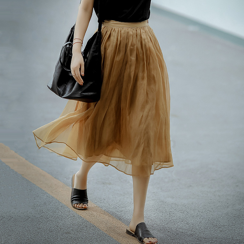 Spring and Summer New A-Line Mid-Length Gauze Fluffy Artistic Elegant Fashion Trendy Mulberry Silk Half Skirt for Women with Large Hem