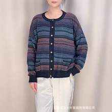2024秋冬新款文艺线条纹撞色单排扣针织开衫女长袖外套显瘦上衣