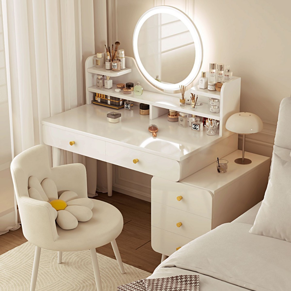 Mesa de maquillaje, camerino, dormitorio moderno y simple, pequeño armario de cabecera, mesa de maquillaje de estilo de crema, mesa de maquillaje