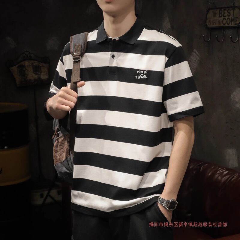American Black and White Stripesd Short-Sleeved T-Shirt Polo Shirt Men's 2025 New Lapel Loose Men's Summer T-Shirt Trend