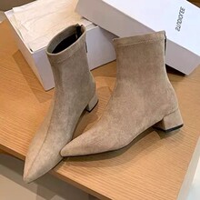 338-6 European and American autumn and winter new pointed short boots, women's elastic slim boots, mid heel suede Korean thick heel small boots