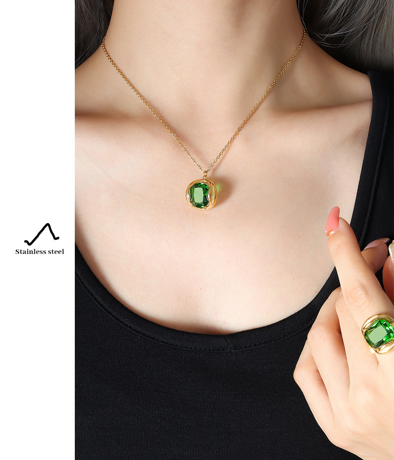 Fashion Square Titanium Steel Inlay Artificial Crystal Earrings Necklace