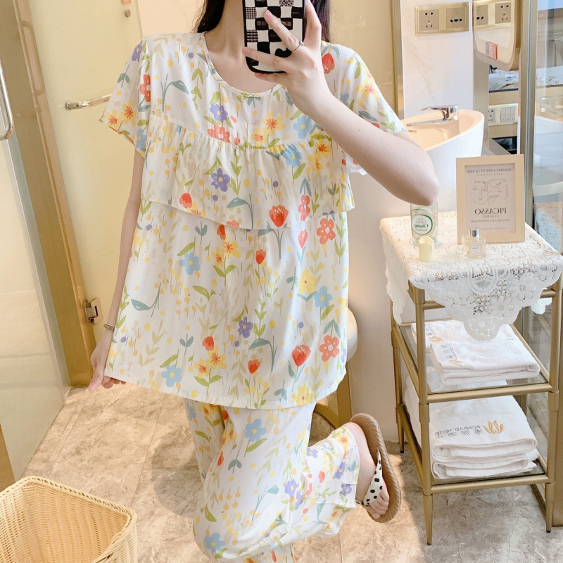 Short-Sleeved Long Pants Cotton Silk Pajamas for Women Summer Thin Anti-Bump Home Clothes Sweet Can Be Worn Outside Without Underwear Set