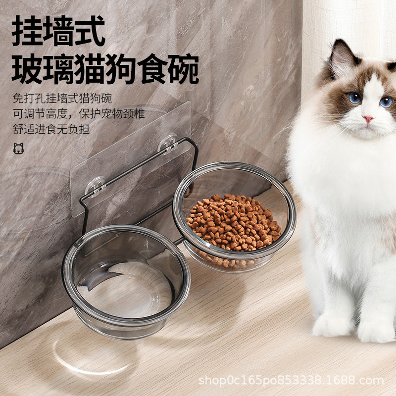 ガラスの猫の碗のペットは食糧を食べて水を飲みます。|undefined